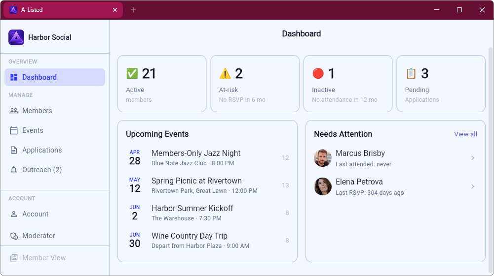 A-Listed dashboard showing stat cards, upcoming events, and members needing attention