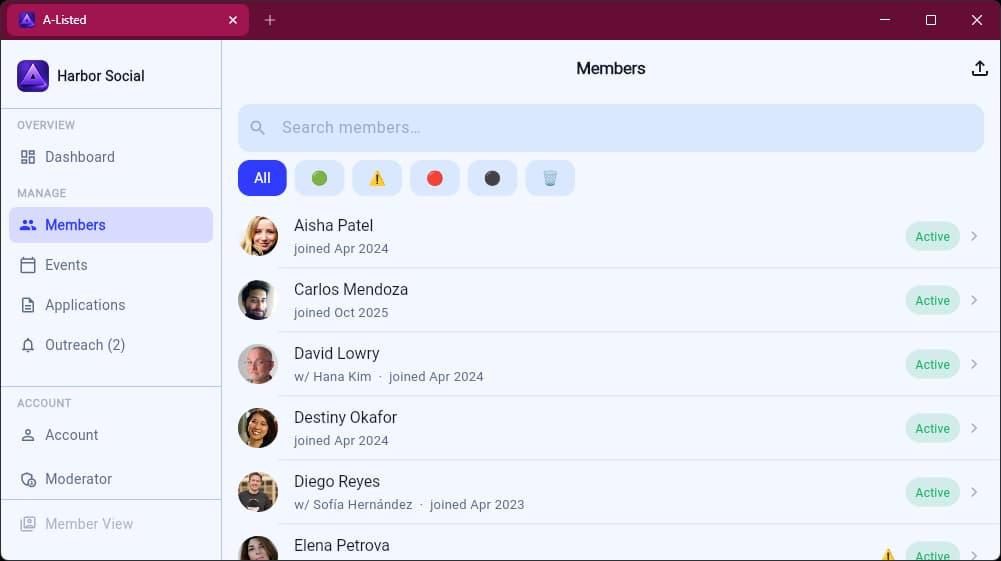Members list with photos and activity status for Harbor Social