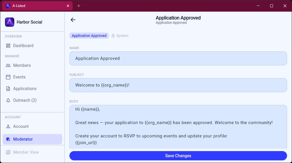 Message template editor with subject, body, and variable chips